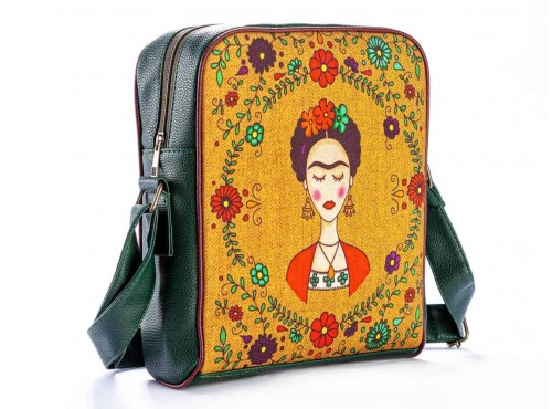 Frida Kahlo Figürlü Büyük Postacı Kol Çantası Etnik Bohem Style - YEŞİL